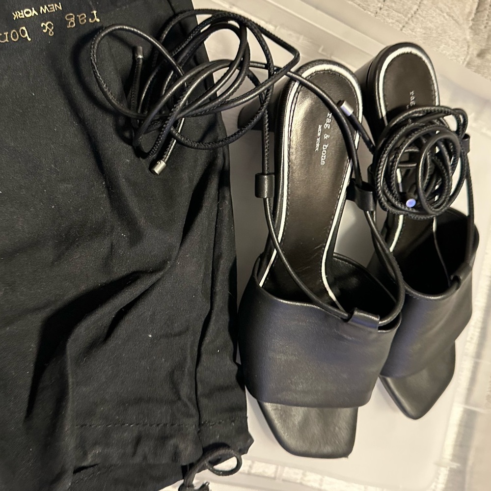 Rag & Bone Emma Tie Sandal in Black Leather Size 38.5